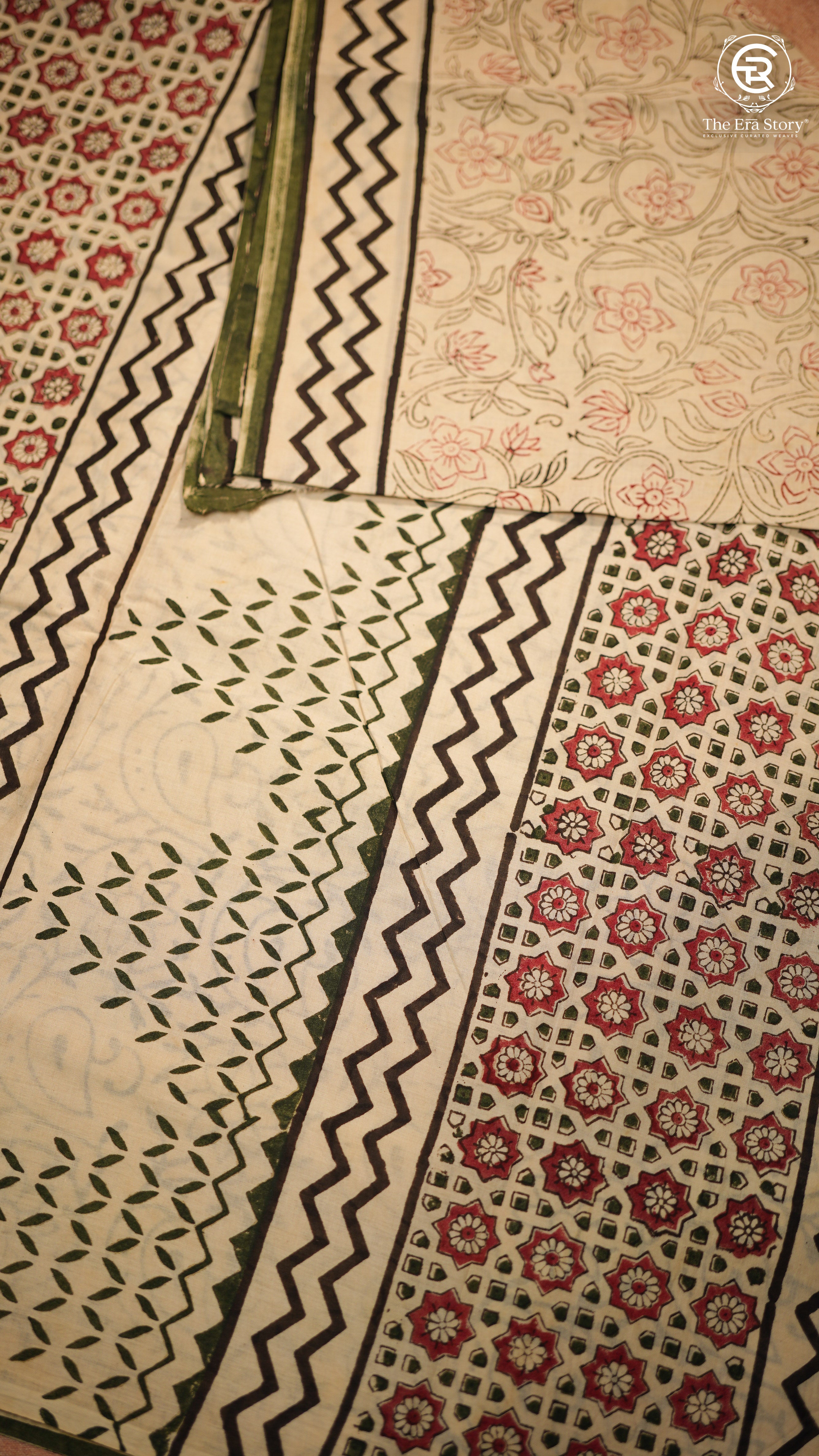 Beige & Green Floral Handblocked Pure Mul Cotton Saree