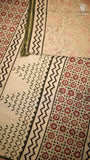 Beige & Green Floral Handblocked Pure Mul Cotton Saree