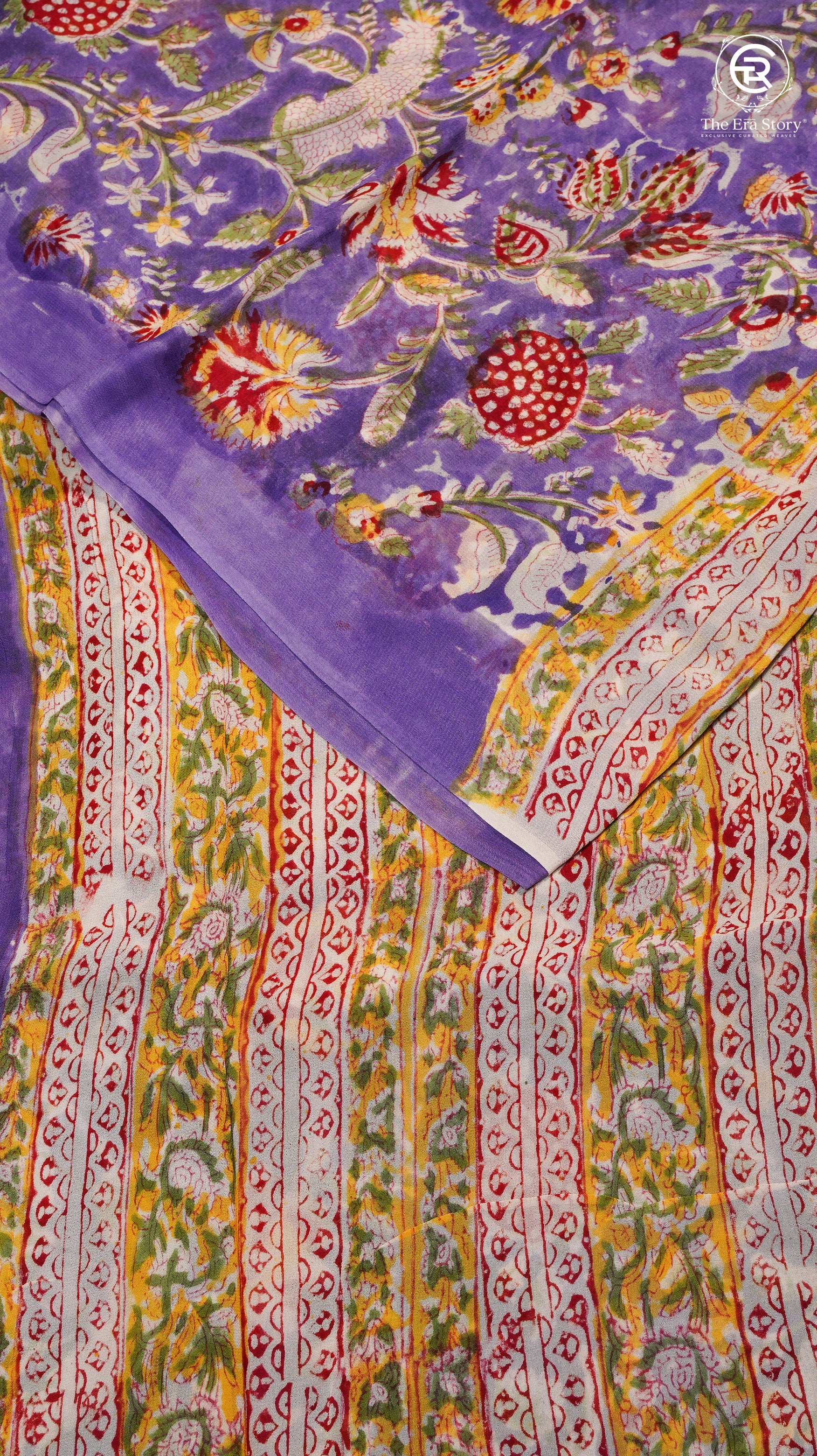 Blue & Red Yellow Floral Handblocked Pure Georgette Saree