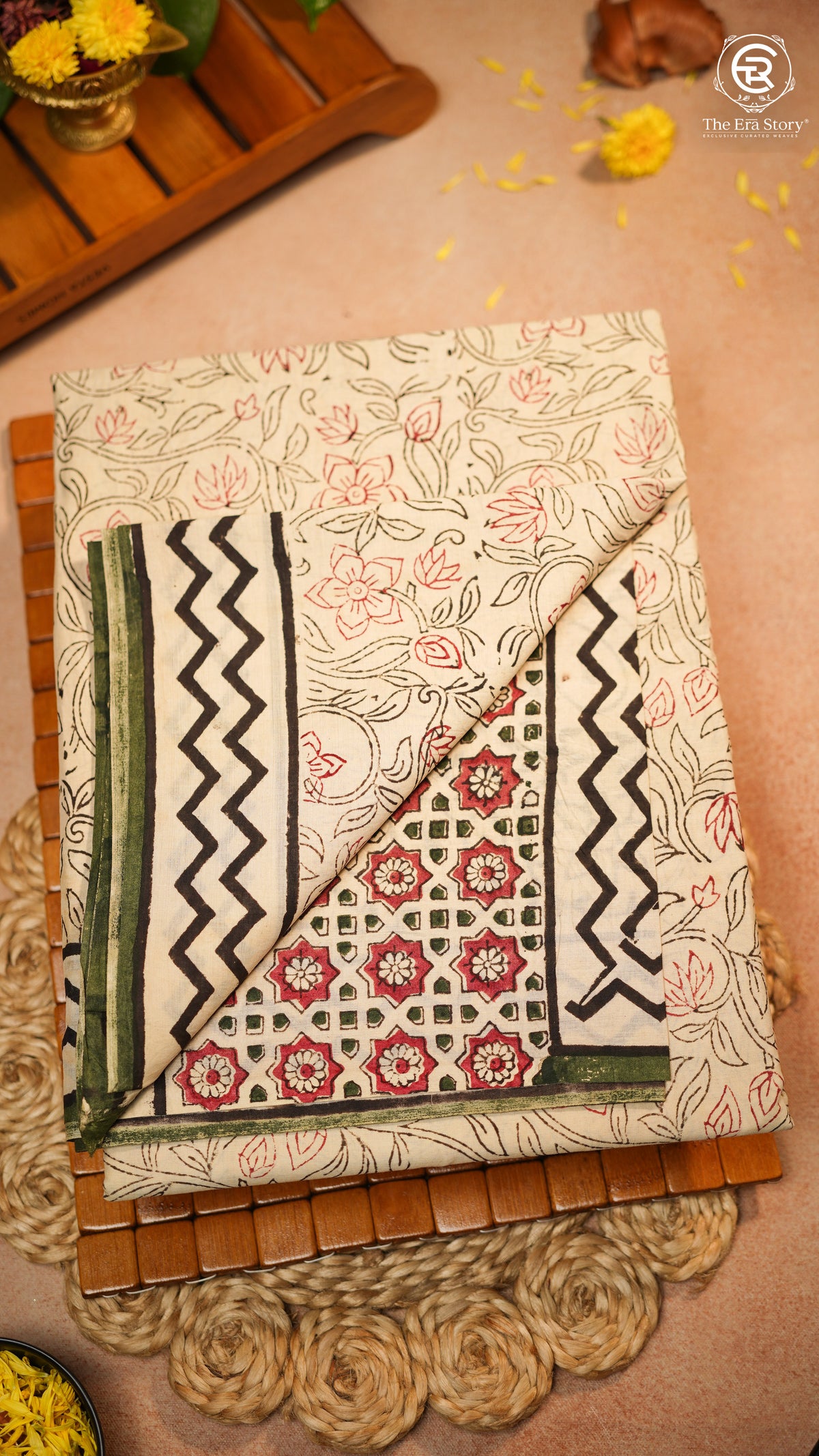 Beige & Green Floral Handblocked Pure Mul Cotton Saree
