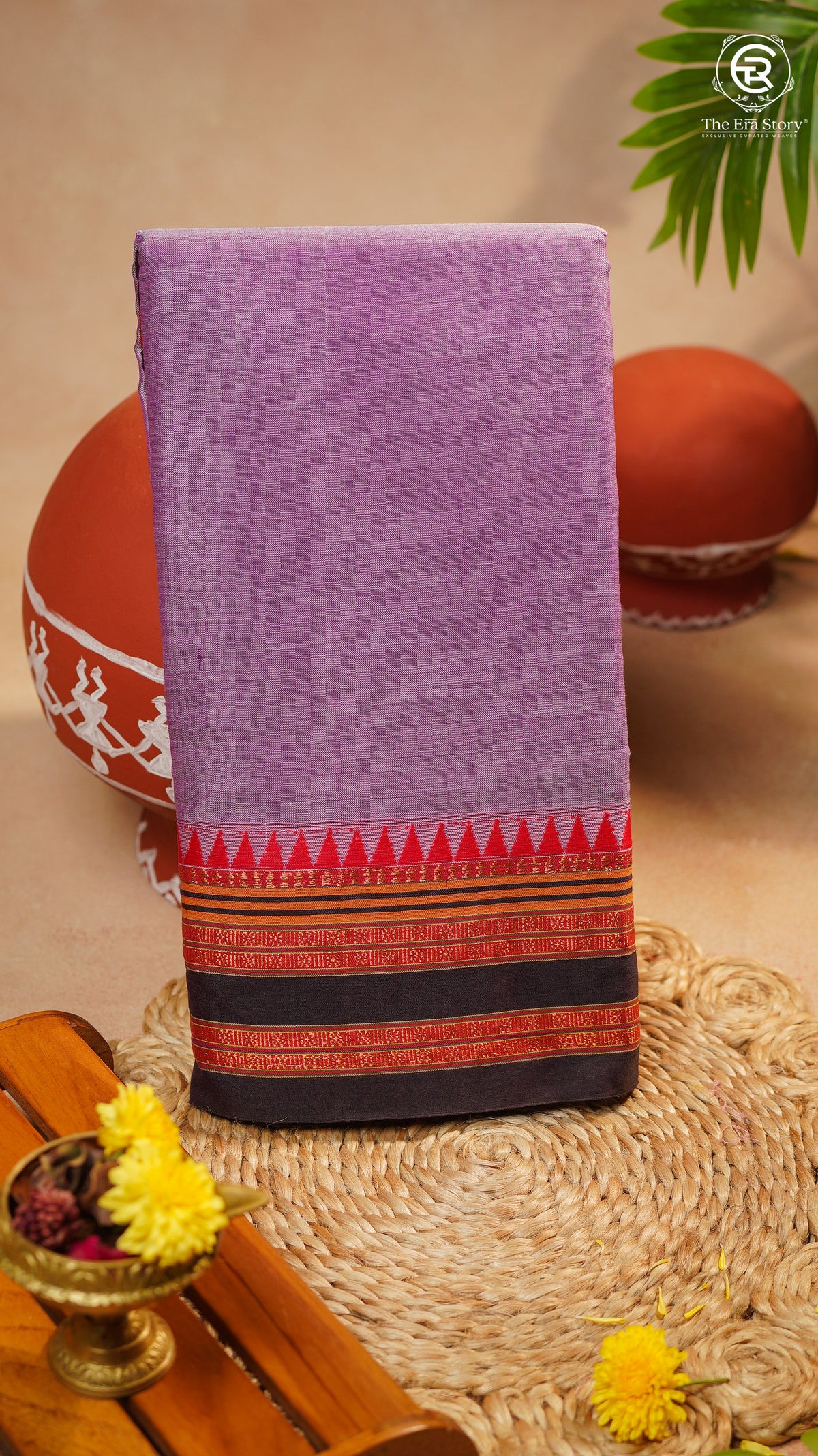 Lavender & Black Temple Border Handloom Narayanpet Cotton Saree