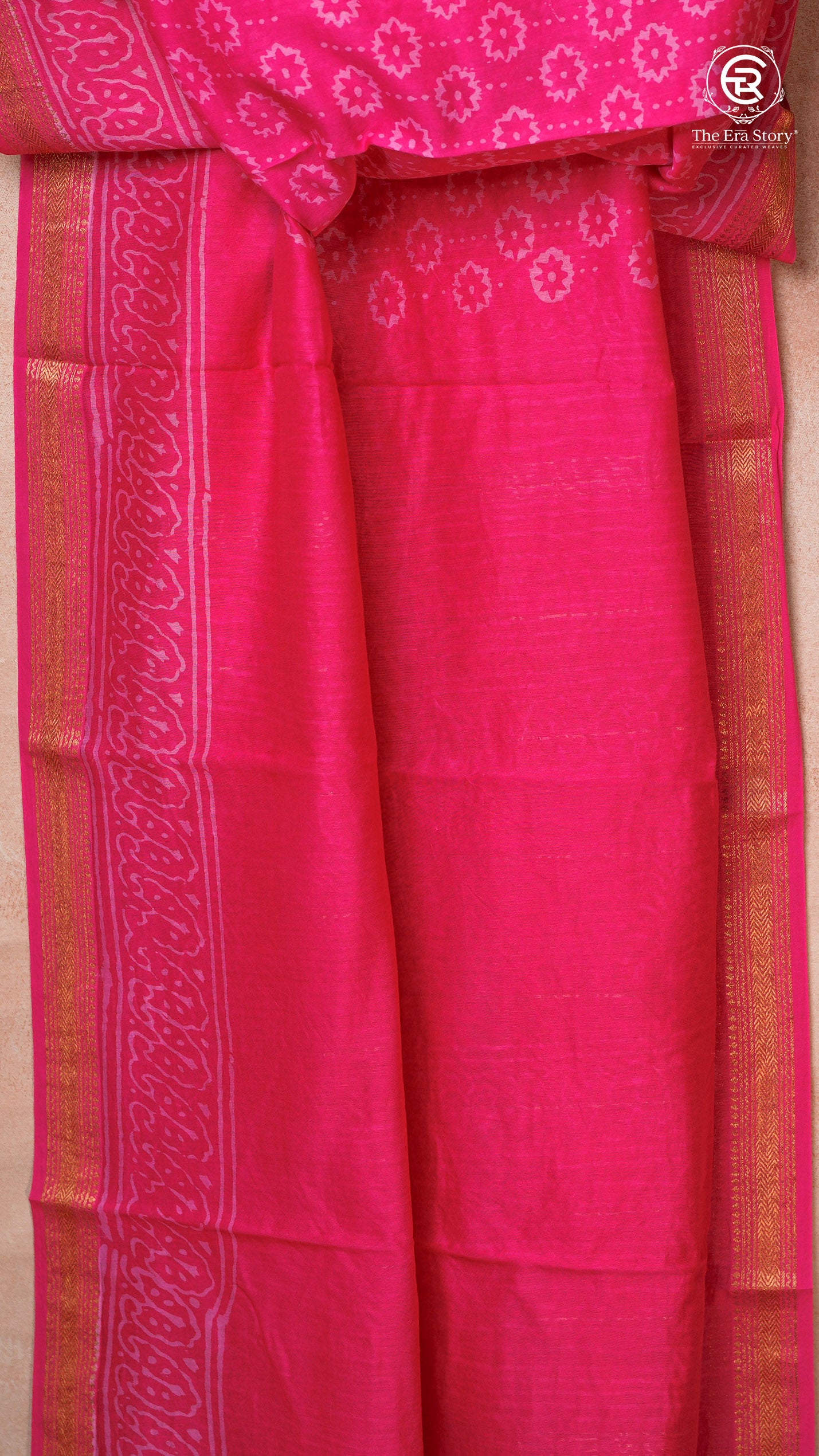 Rani Pink Floral Handblocked Pure Maheshwari Cotton Saree