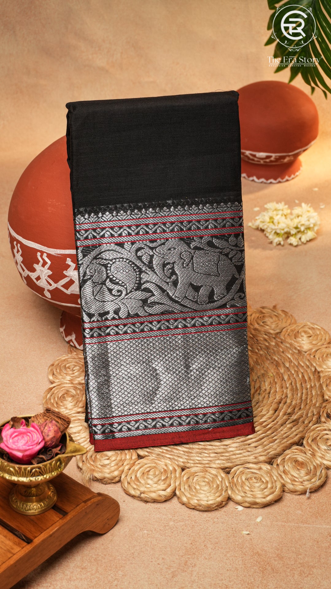 Black Silver Zari Peacock & Paisley Border Handloom Narayanpet Cotton Saree