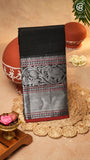Black Silver Zari Peacock & Paisley Border Handloom Narayanpet Cotton Saree