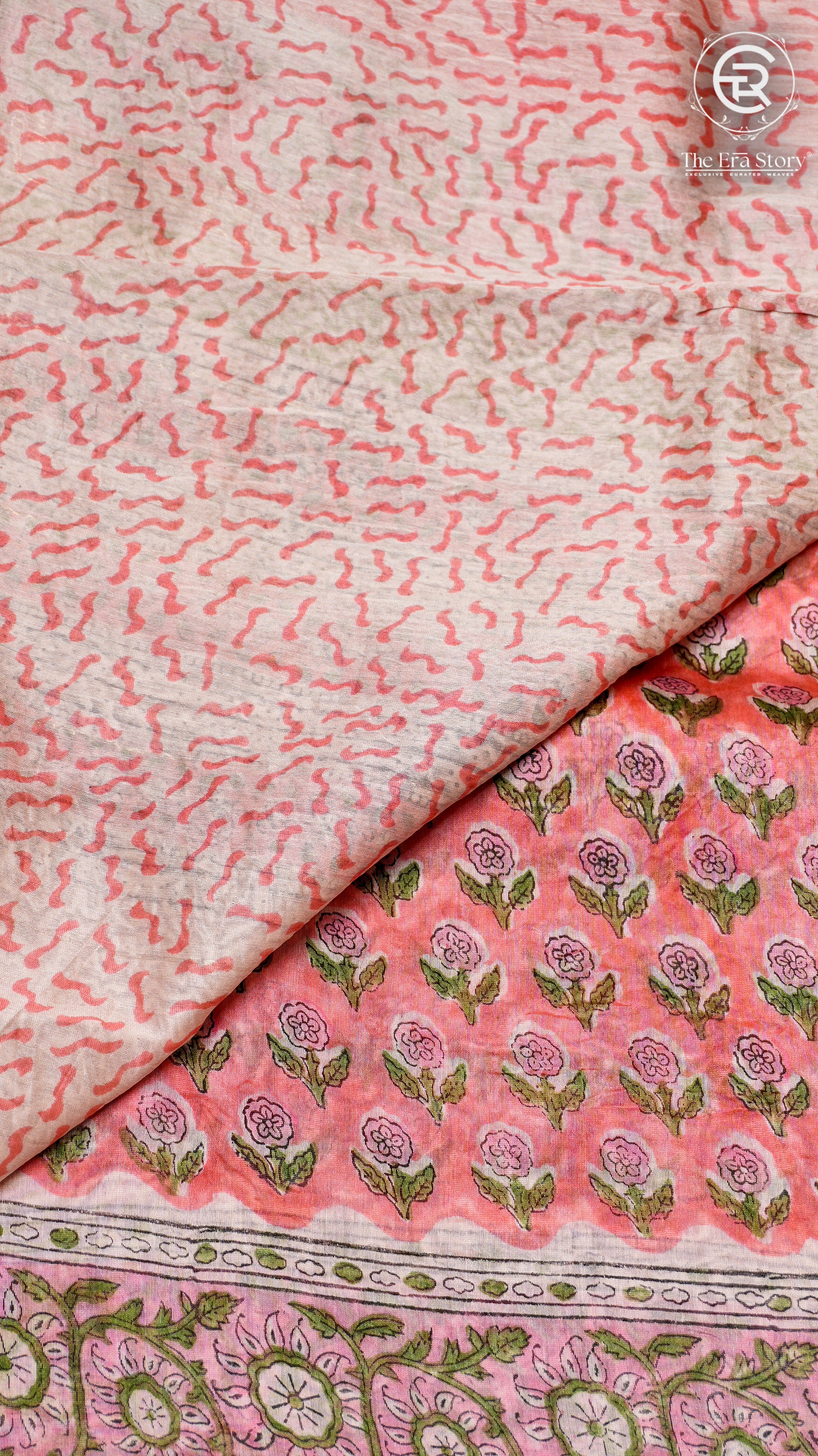 Peach Floral Handblocked Pure Maheshwari Cotton Sarees