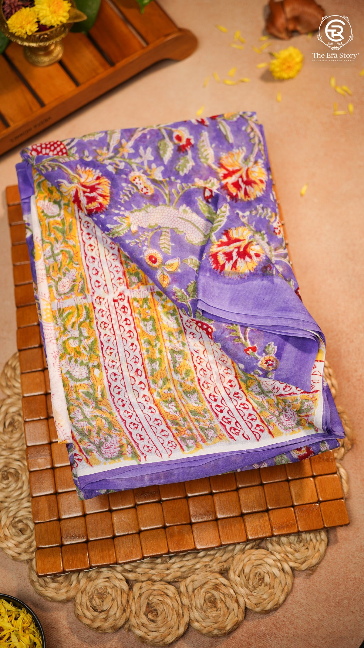Blue & Red Yellow Floral Handblocked Pure Georgette Saree