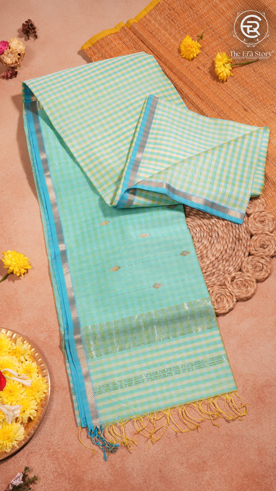 White and Mint Green Gingham Check Handloom Pure Maheshwari Silk Saree