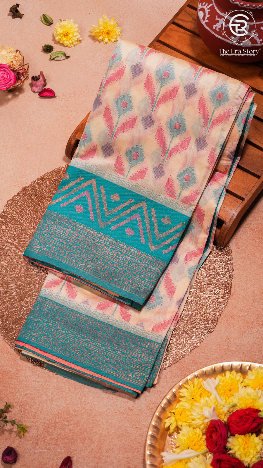 White and Teal Blue Floral Banarasi Silk Saree