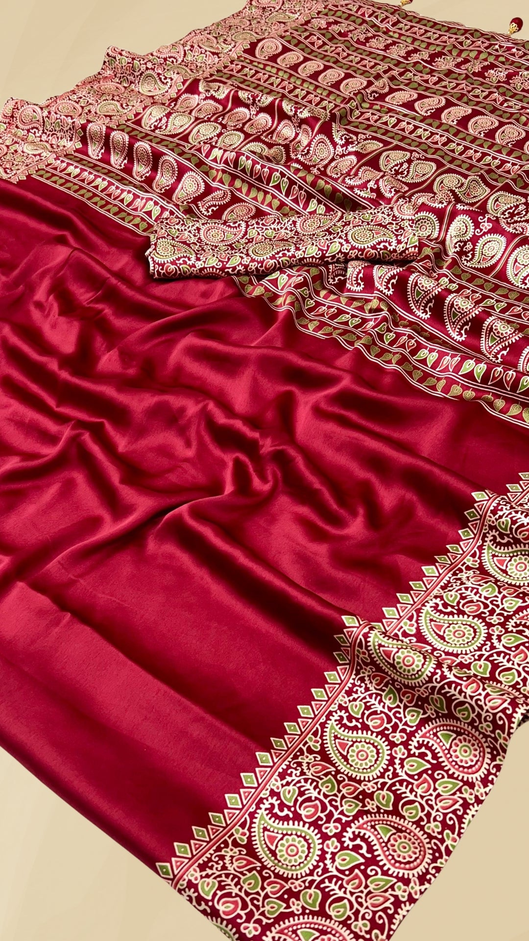 Crimson Red Mango Floral Ajrakh Gajji Silk Saree