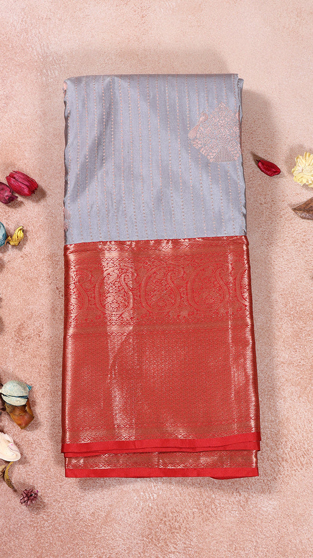 Pigeon Grey and Crimson Red Bridal Pure Silk Gold Zari Woven Doted Line Floral Butta with 10 Inch Mango Heavy