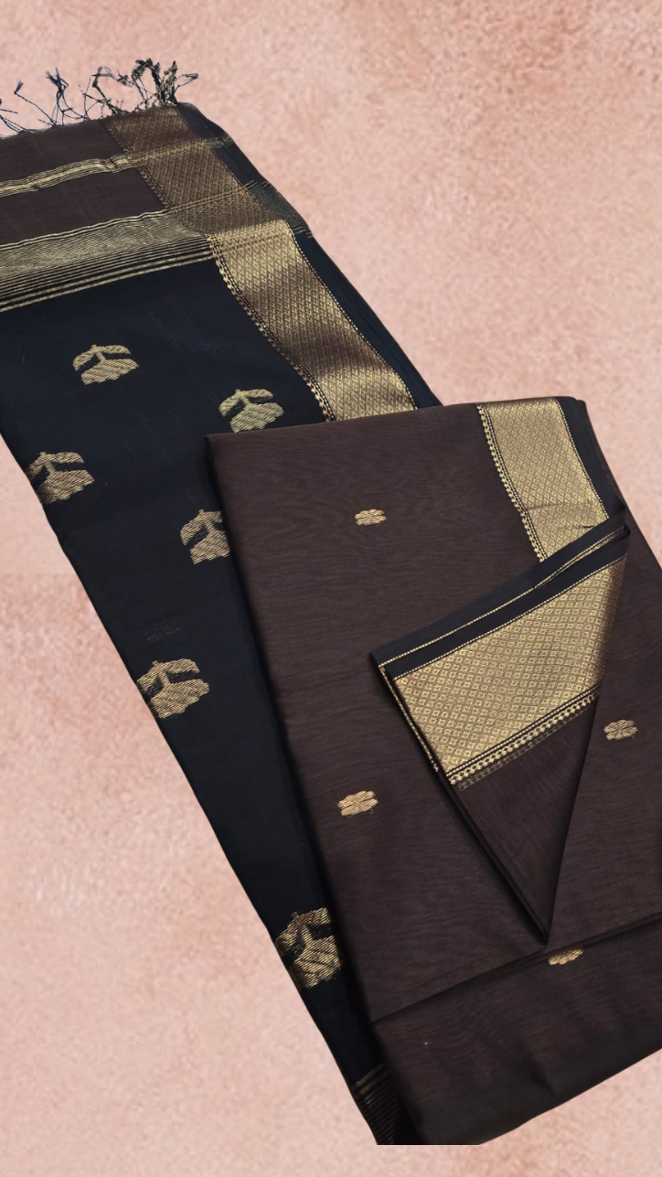 Brown and Black Lotus Butta Handloom Pure Maheshwari Silk Saree