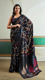 Black Floral Pure Ajrakh Satin Crepe Silk Saree