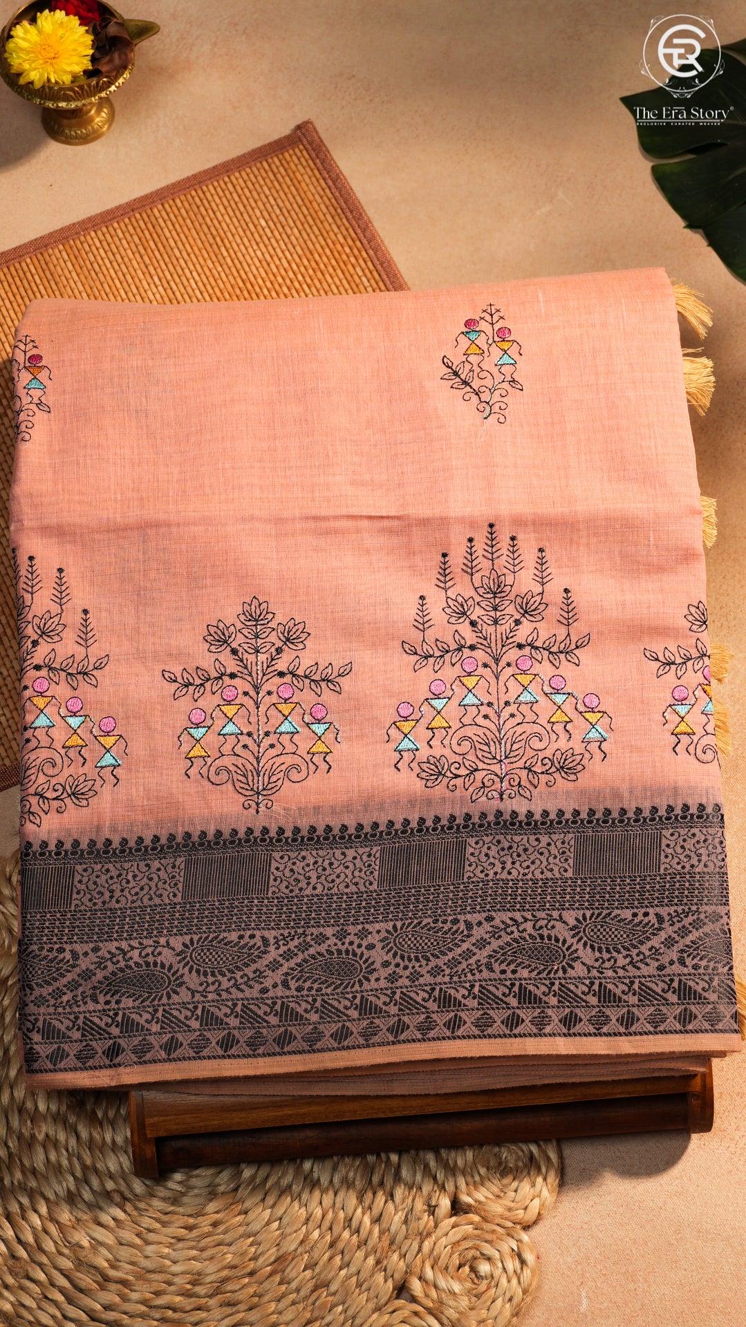 Peach & Black Warli Embroidered Jamdani Cotton Saree