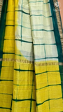 White, Yellow & Blue Ombre Checked Handblocked Pure Maheshwari Cotton Sarees