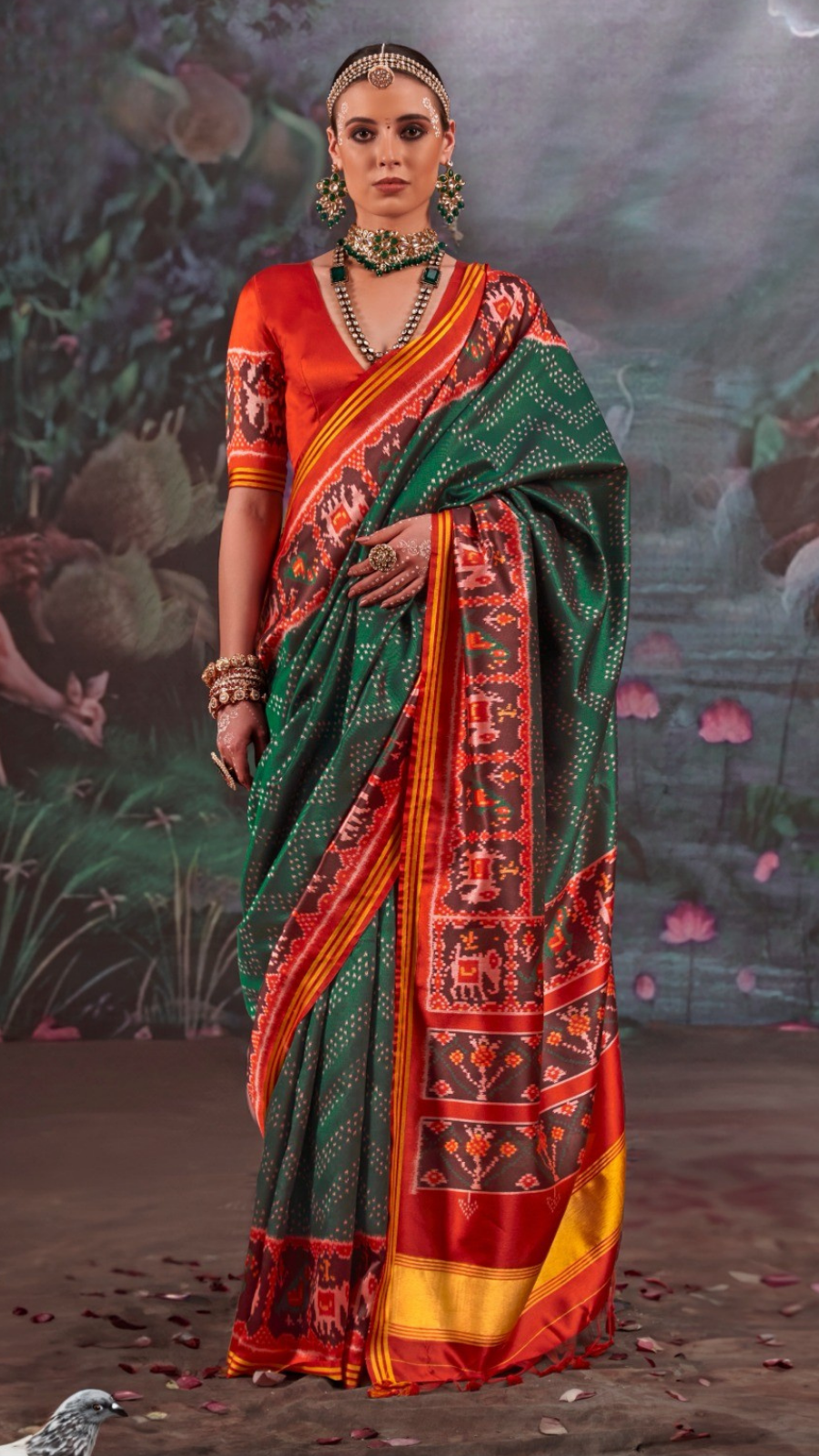 Green and Red Ikkat Leheriya Patola Crepe Banarasi Saree