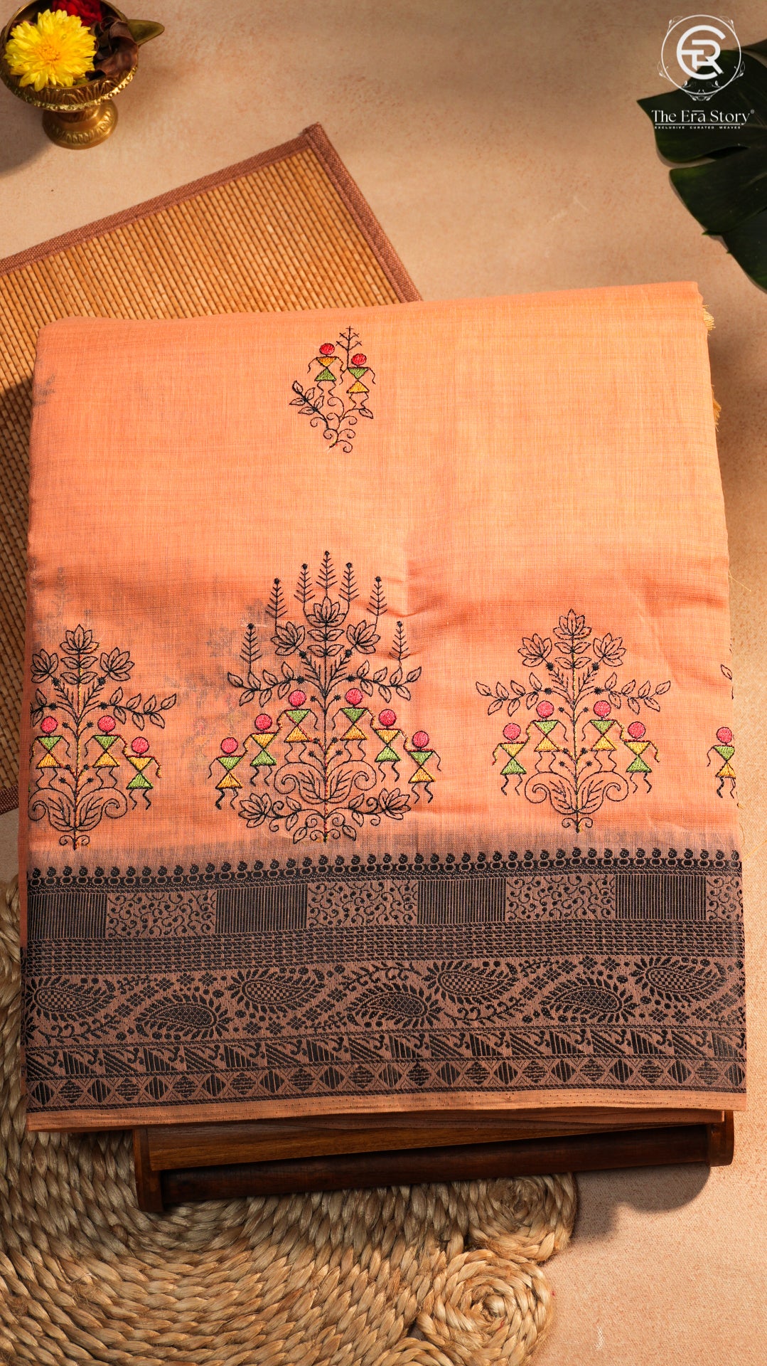 Orange & Black Warli Embroidered Jamdani Cotton Saree