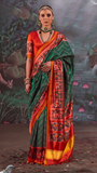 Green and Red Ikkat Leheriya Patola Crepe Banarasi Saree