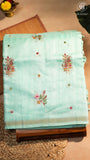 Teal Blue & Gold Floral Embroidered Mirror Tussar Saree