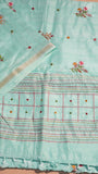 Teal Blue & Gold Floral Embroidered Mirror Tussar Saree