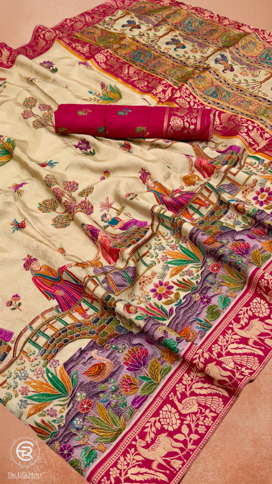 Beige & Pink Festive Print Crepe Banarasi Saree