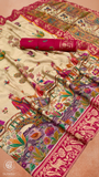 Beige & Pink Festive Print Crepe Banarasi Saree