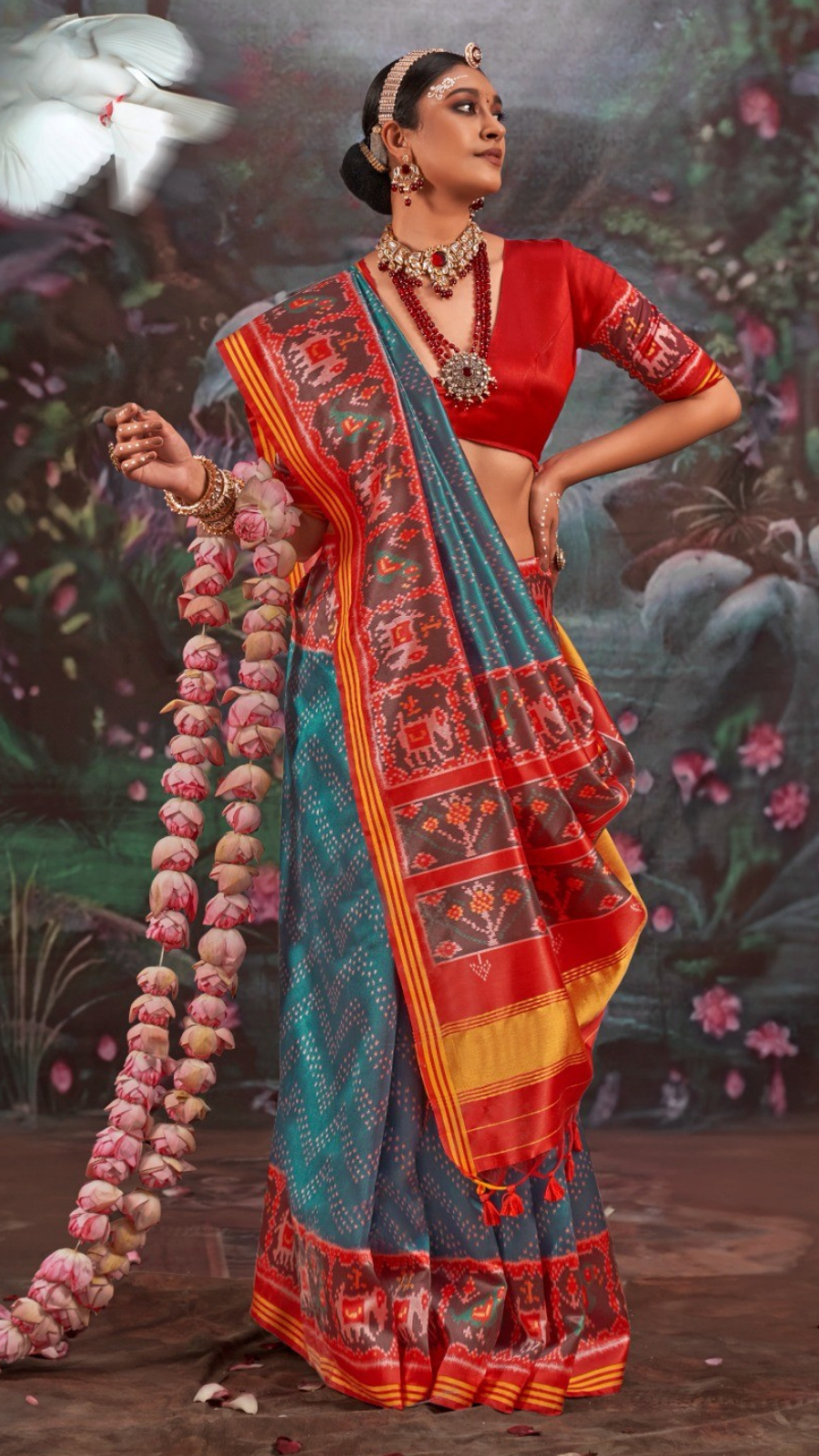 Teal Blue and Red Ikkat Leheriya Patola Crepe Banarasi Saree