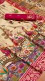 Beige & Pink Festive Print Crepe Banarasi Saree