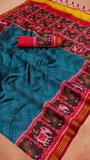 Teal Blue and Red Ikkat Leheriya Patola Crepe Banarasi Saree