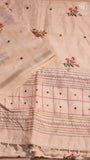 Pearl White & Gold Floral Embroidered Mirror Tussar Saree