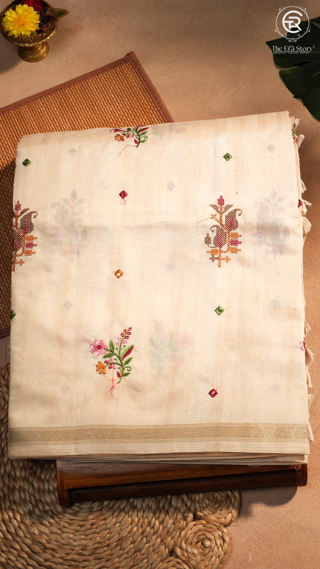 Pearl White & Gold Floral Embroidered Mirror Tussar Saree