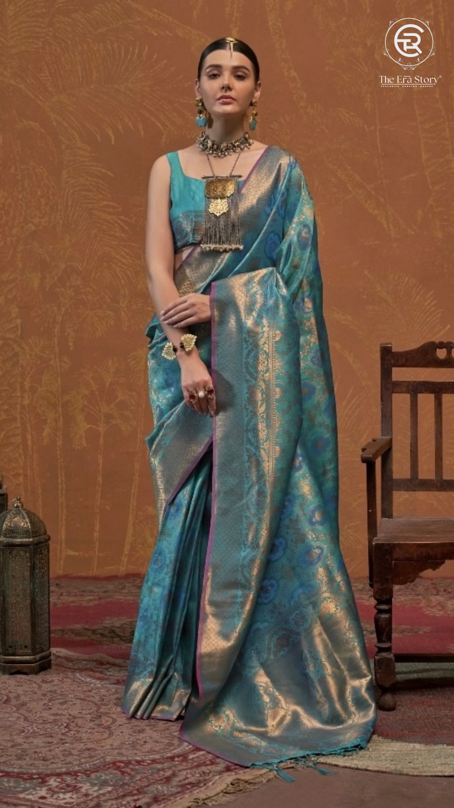 Teal Blue & Gold Floral Kanchi Soft Silk Saree