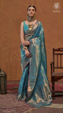 Teal Blue & Gold Floral Kanchi Soft Silk Saree