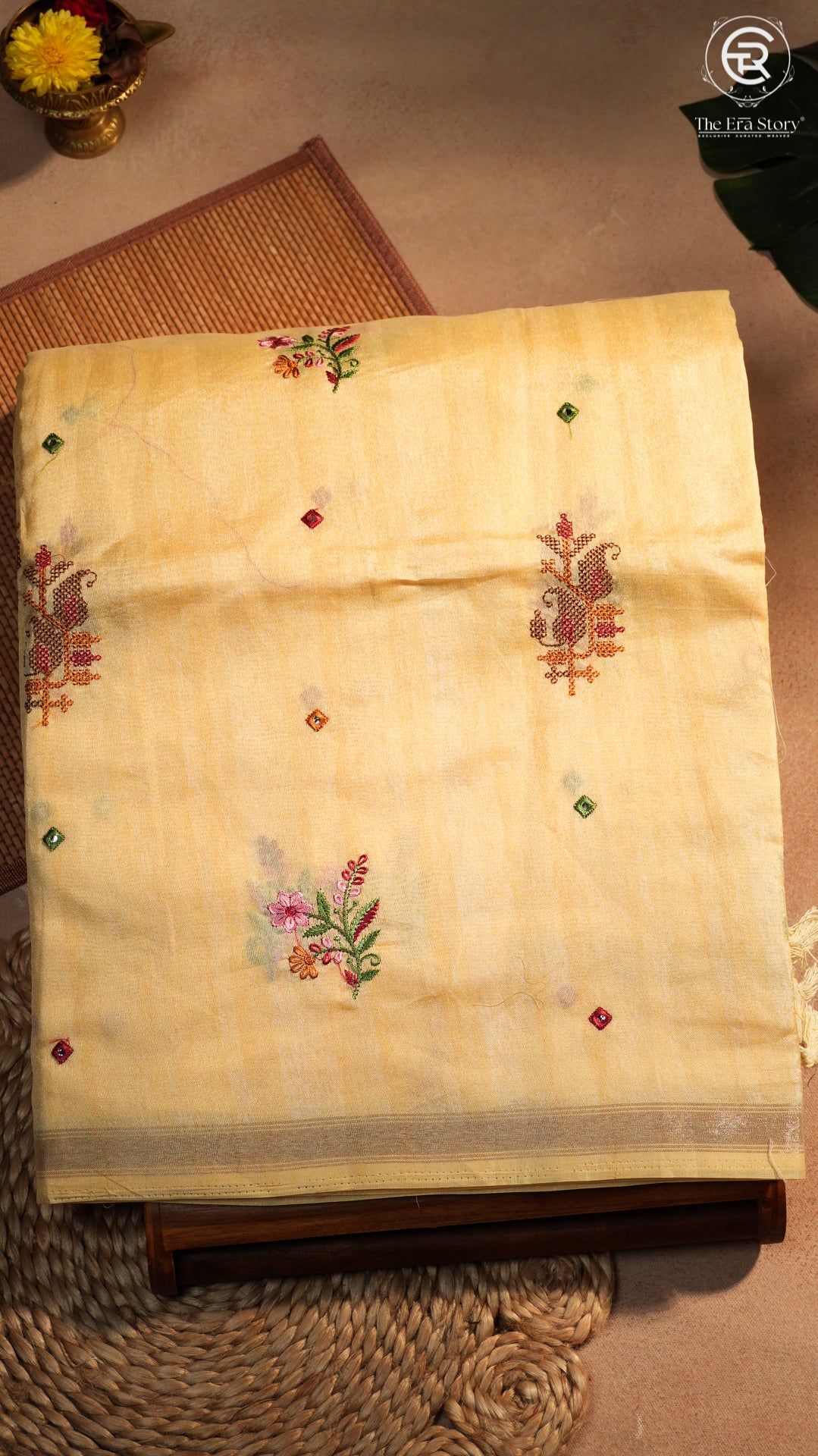 Yellow & Gold Floral Embroidered Mirror Tussar Saree
