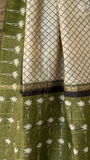 Beige & Green Contemporary Handblocked Pure Maheshwari Cotton Sarees