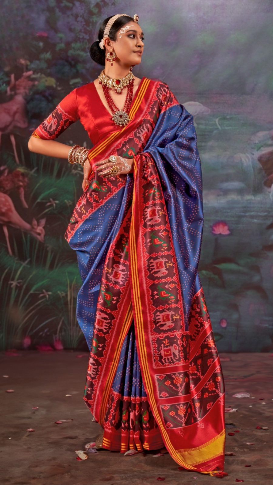 Blue and Red Ikkat Leheriya Patola Crepe Banarasi Saree