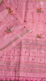 Pink & Gold Floral Embroidered Mirror Tussar Saree