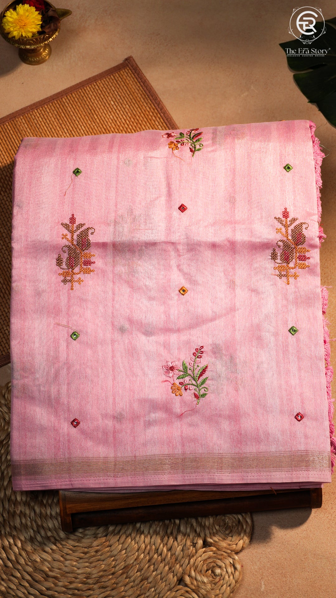 Pink & Gold Floral Embroidered Mirror Tussar Saree