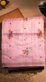 Pink & Gold Floral Embroidered Mirror Tussar Saree