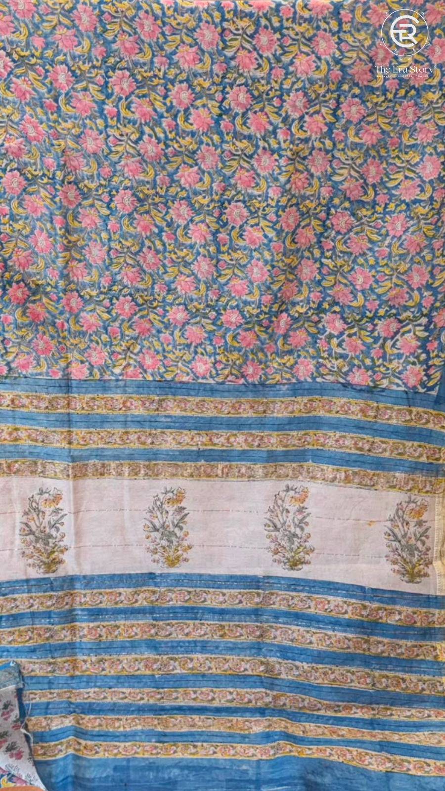 Blue and Pink Floral Handblocked Pure Maheshwari Cotton Sarees