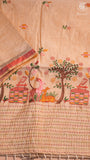 Half-White Pink & Yellow Deer Embroidered Jamdani Cotton Saree