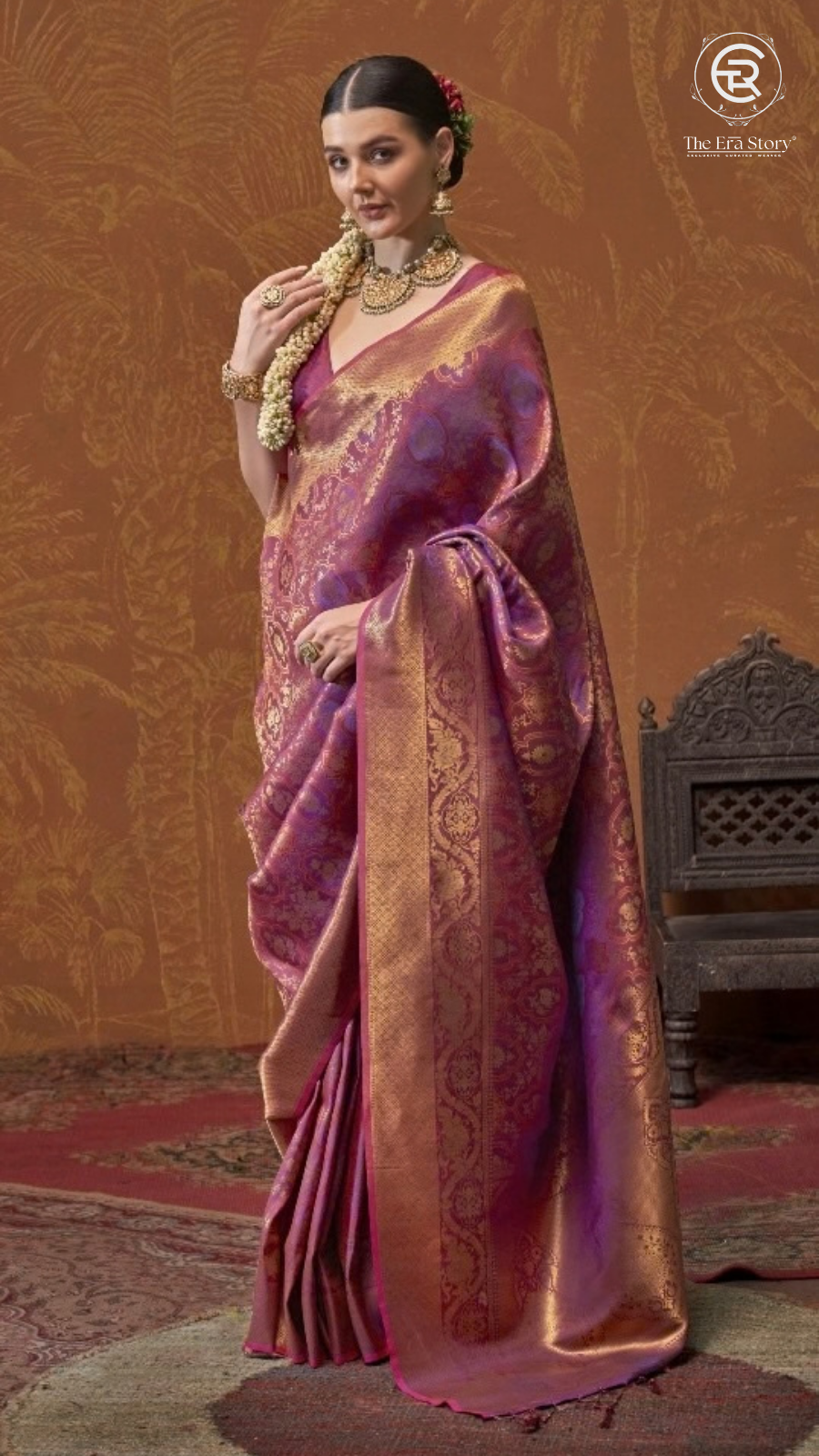 Plum Purple & Gold Floral Kanchi Soft Silk Saree