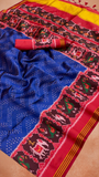 Blue and Red Ikkat Leheriya Patola Crepe Banarasi Saree