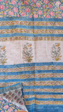Blue and Pink Floral Handblocked Pure Maheshwari Cotton Sarees