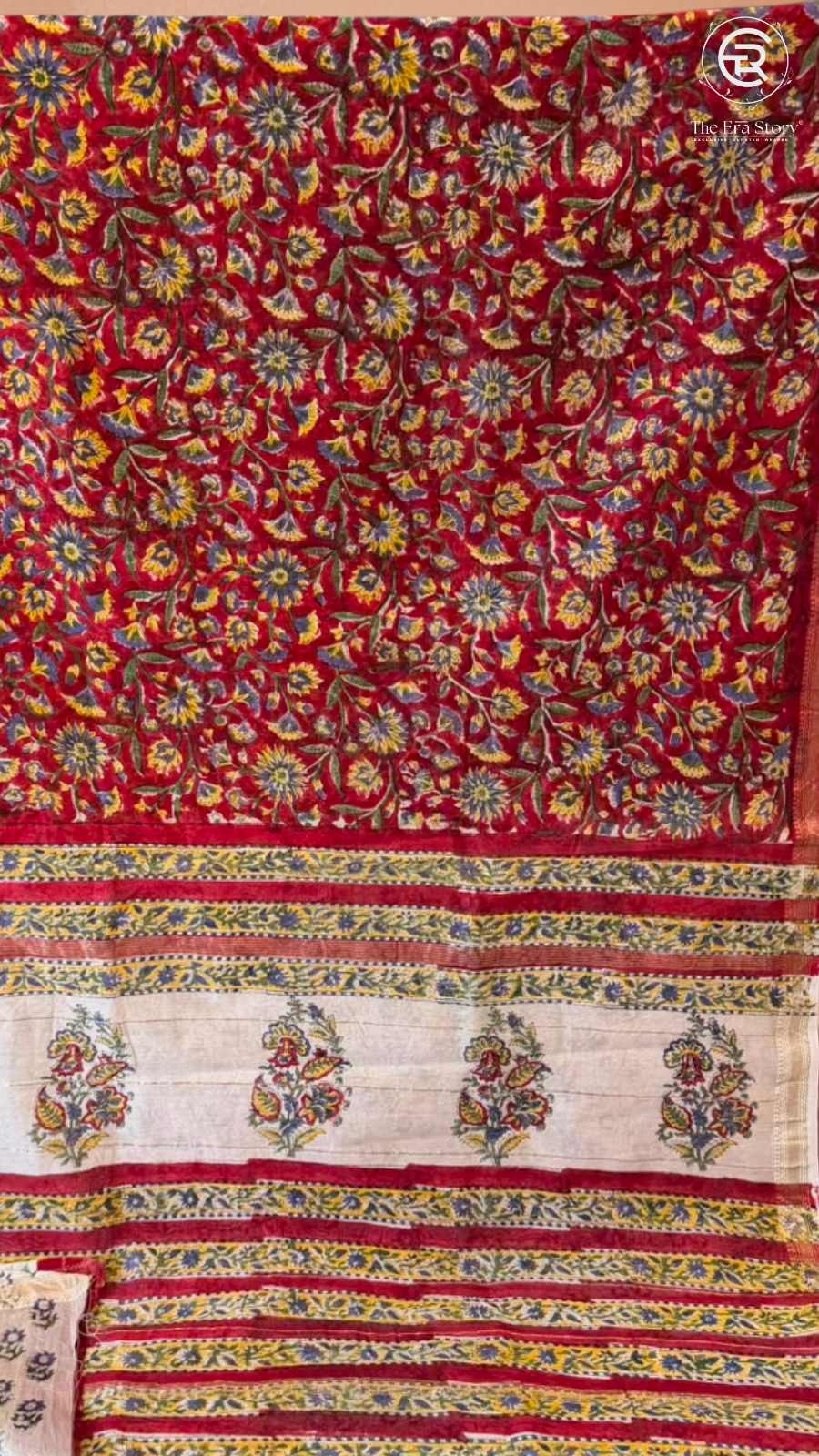 Red & Yellow Floral Handblocked Pure Maheshwari Cotton Sarees