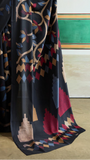 Black Floral Pure Ajrakh Satin Crepe Silk Saree