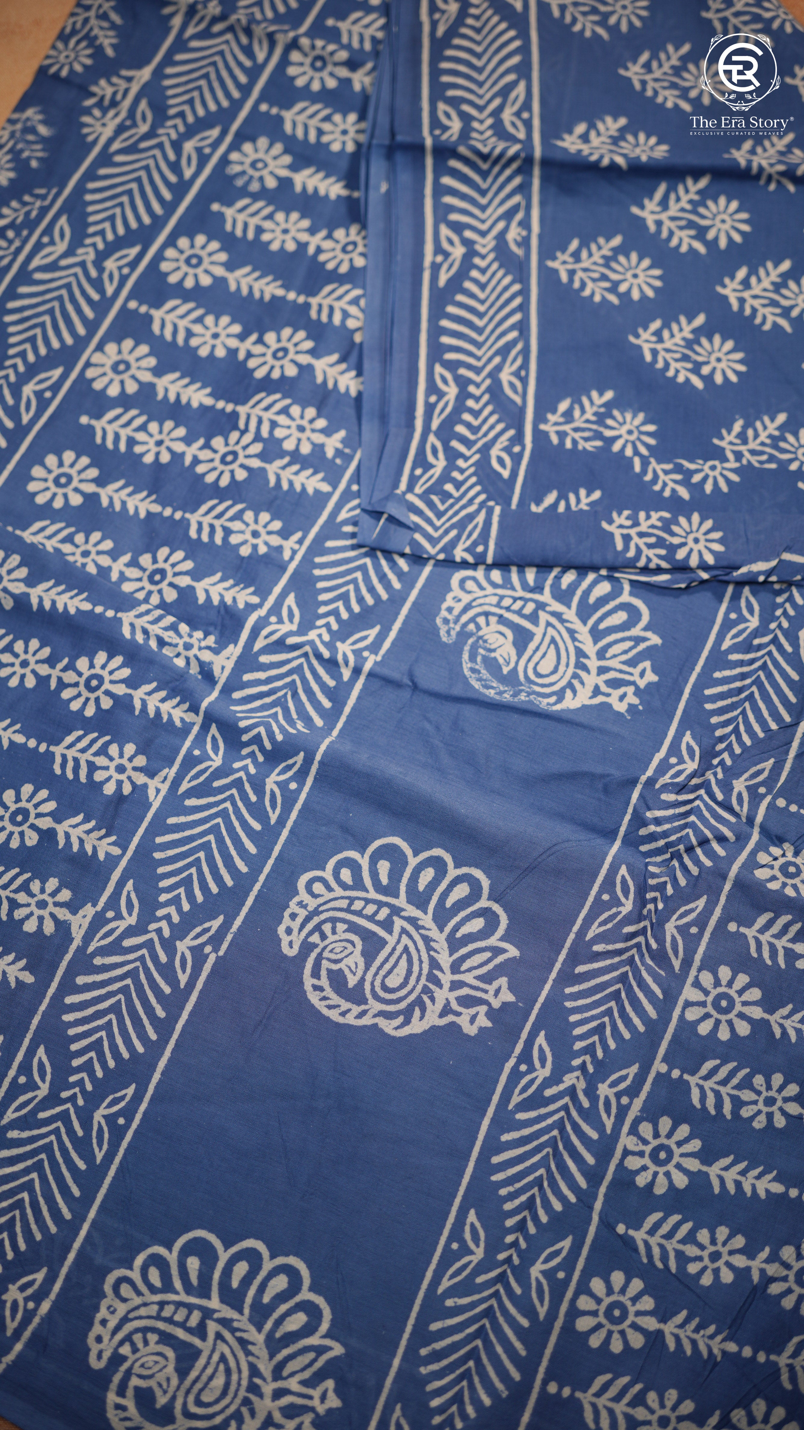 Blue & White Floral Handblocked Pure Mul Cotton Saree