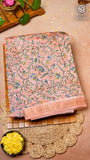 Peach and Blue Floral Handblocked Pure Maheshwari Cotton Sarees