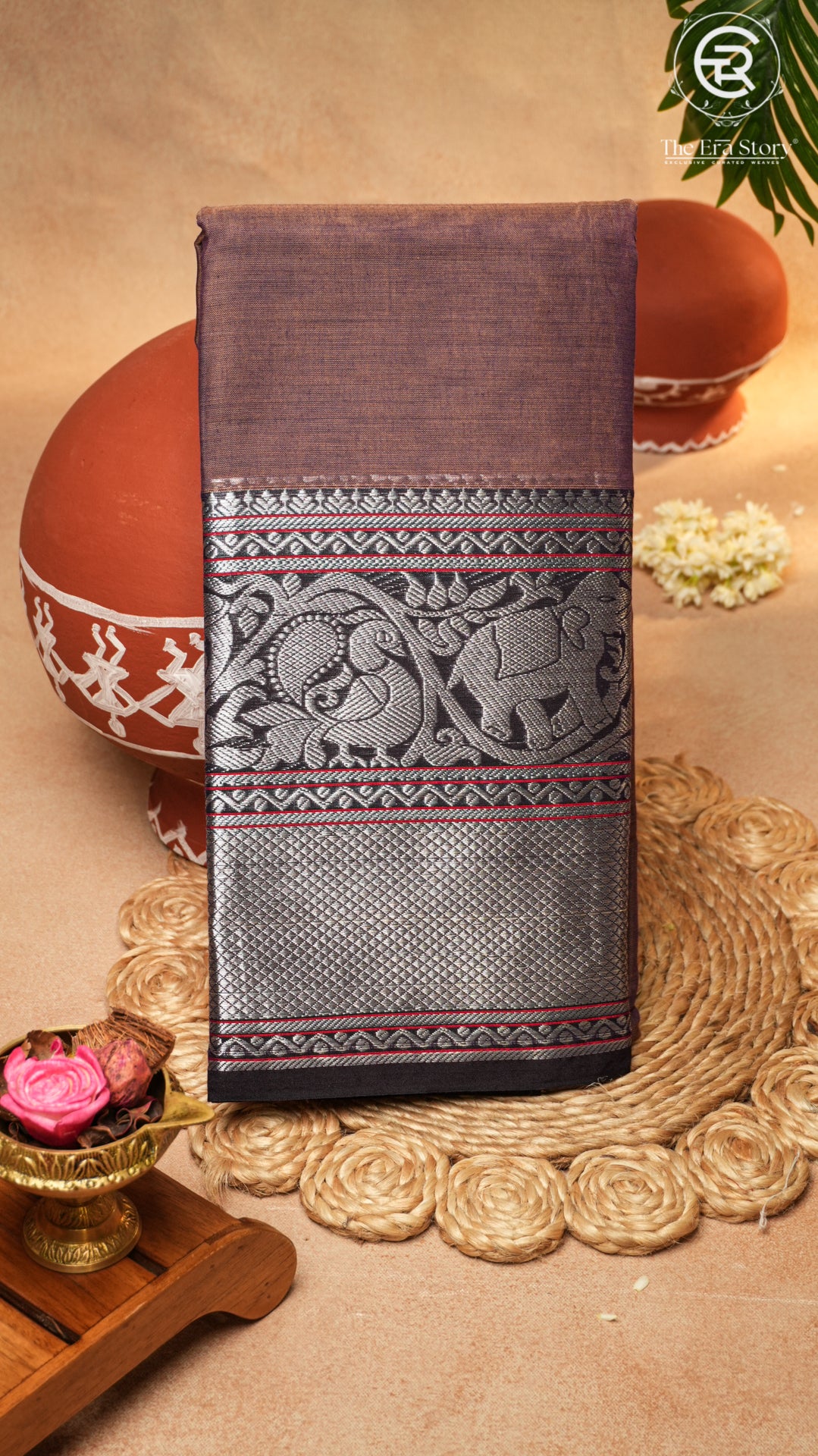 Rust Brown Silver Zari Peacock & Paisley Border Handloom Narayanpet Cotton Saree