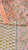 Peach and Blue Floral Handblocked Pure Maheshwari Cotton Sarees