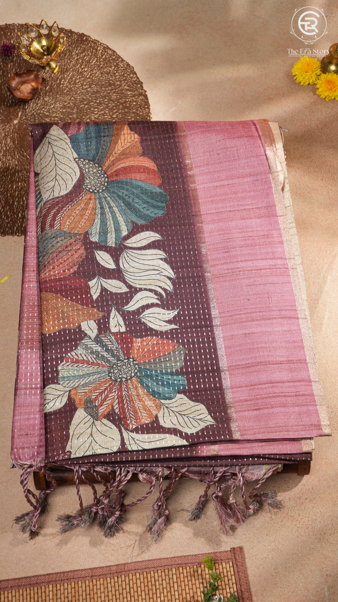Plum & Pink Floral Kantha Matka Tussar Silk Saree